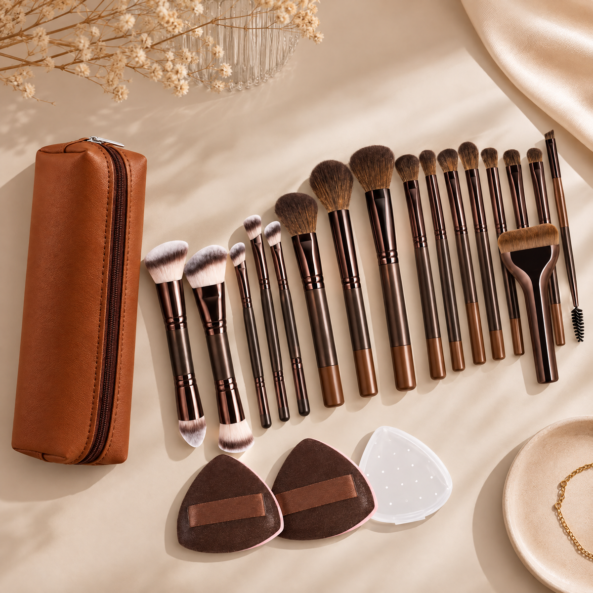 14-Piece Makeup Brush Set with Sponges & Travel Bag